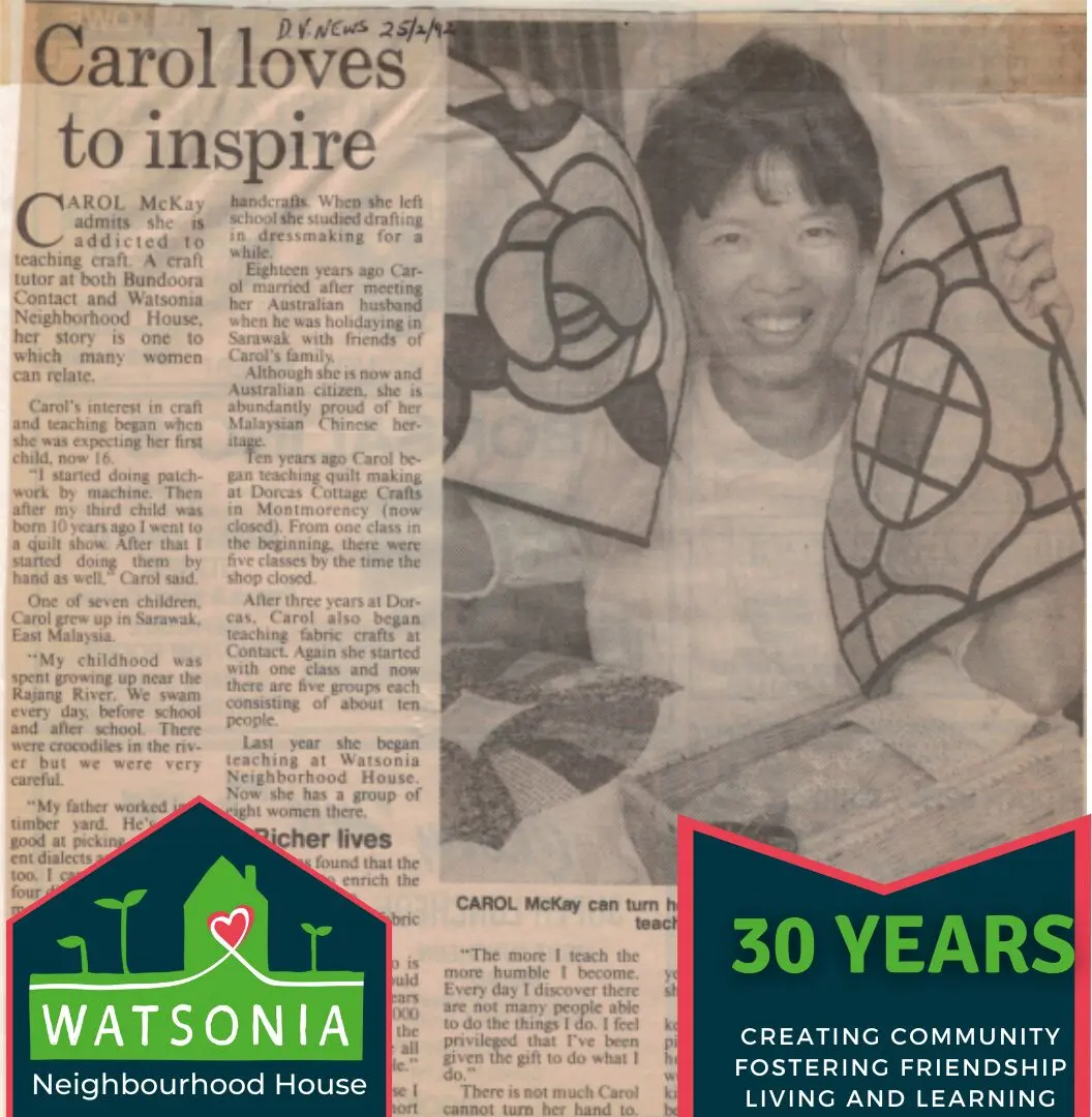 A newspaper clipping headed “Carol loves to inspire”