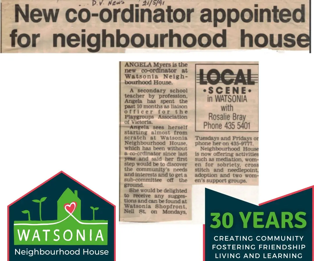 A newspaper clipping headed “New co-ordinator appointed for neighbourhood house”