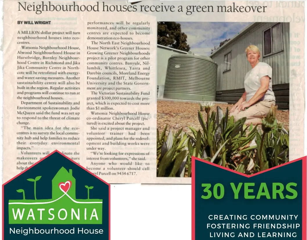 A newspaper clipping headed “Neighbourhood houses receive a green makeover”
