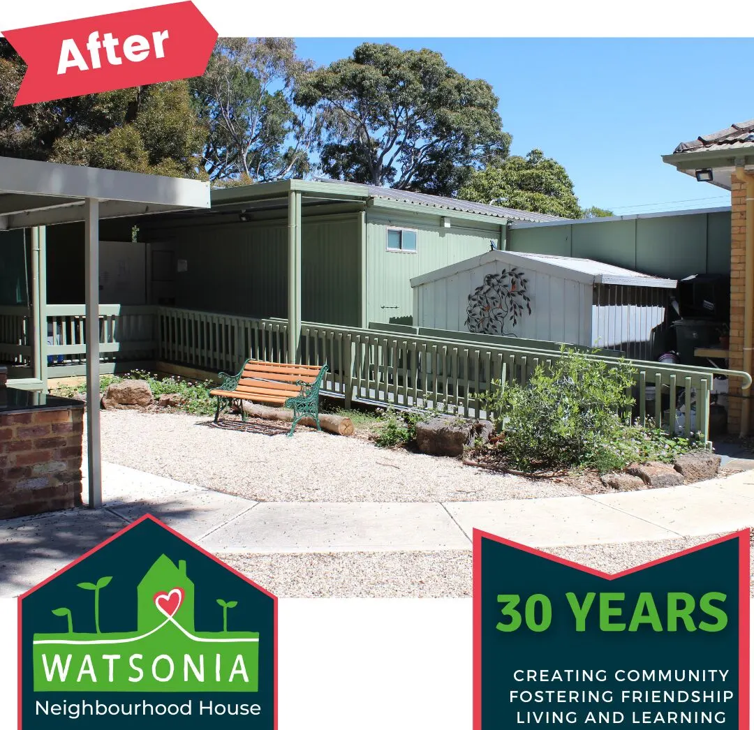 The same area after renovation, with new decking, paths and planting