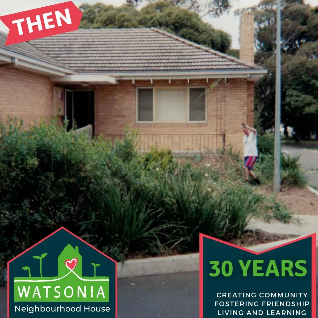 The house in its early years: plain brick with an overgrown front garden