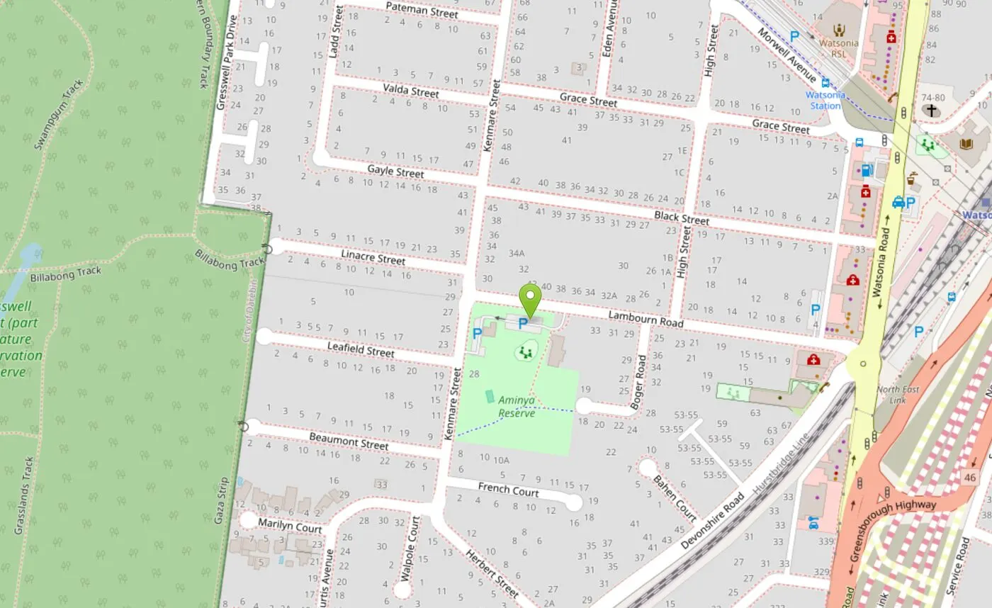 A map of Watsonia showing 47 Lambourn Road, with Watsonia station to the north east and Gresswell Forest to the west