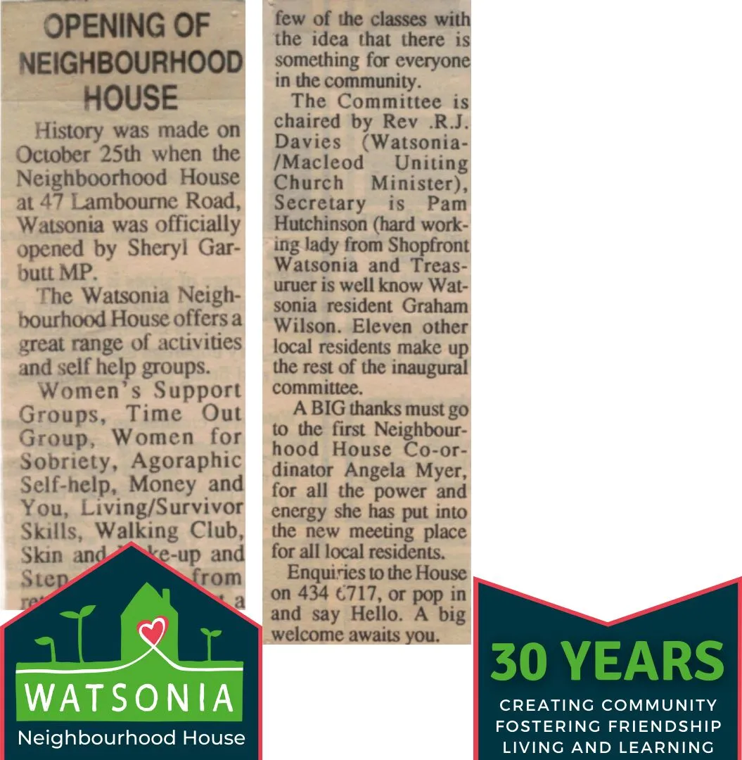 A newspaper clipping headed “Opening of Neighbourhood House”